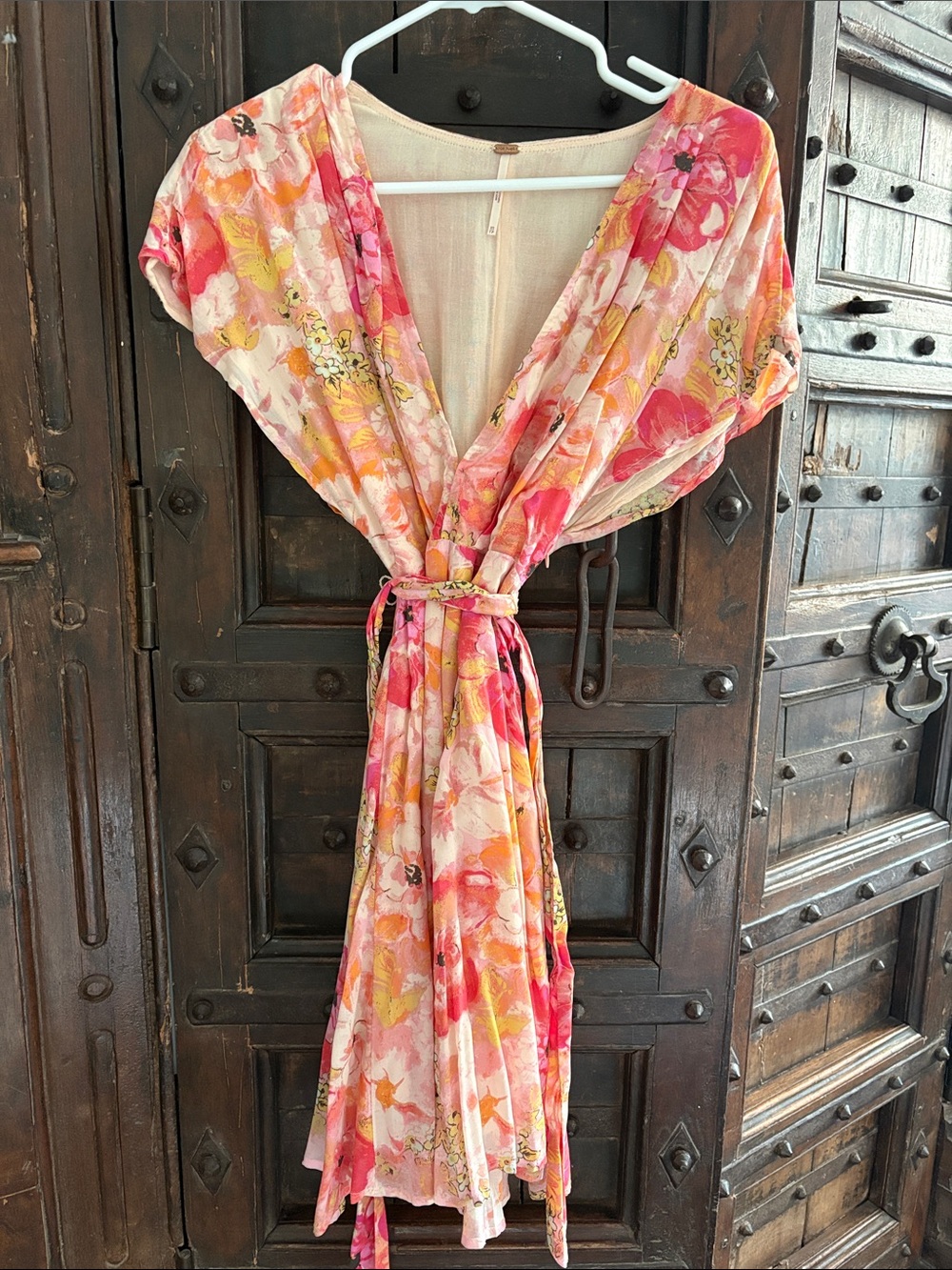 Free People Floral Pink Orange Tie-Waist Maxi Dress